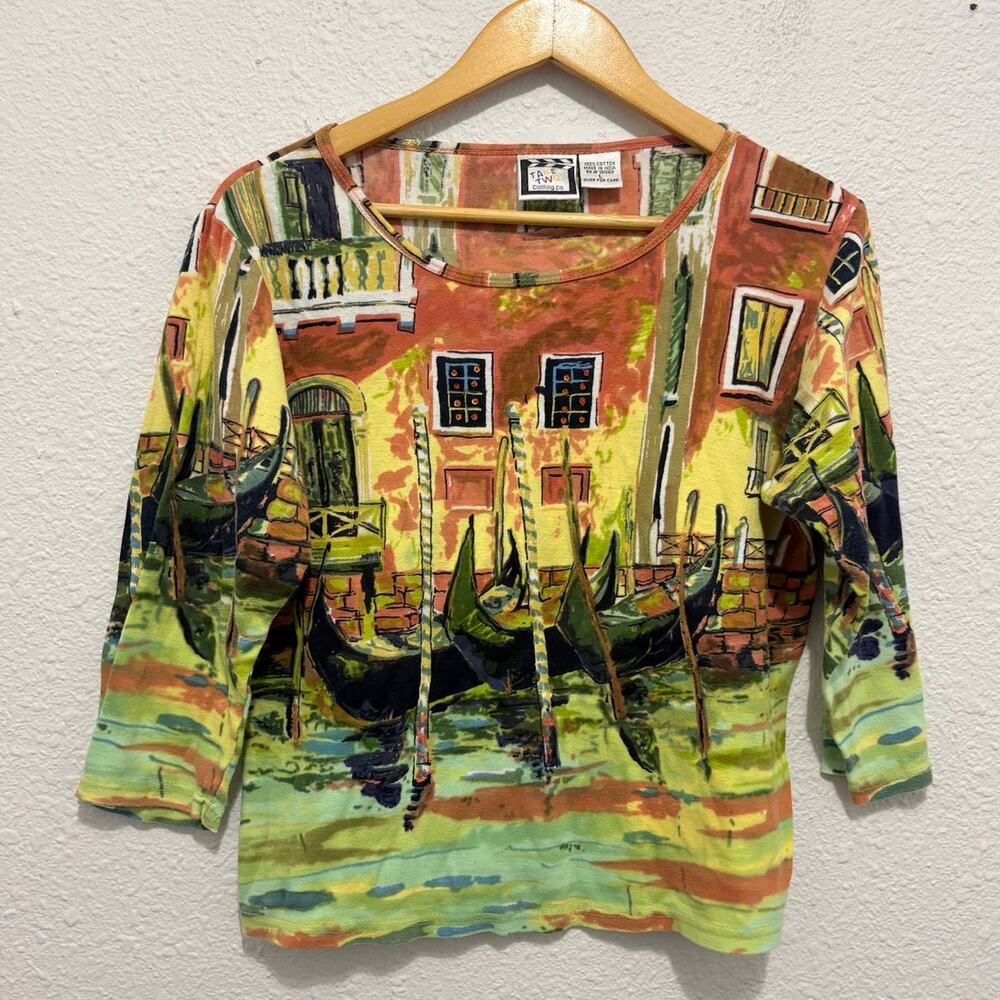 Vintage Take Two Print 3/4 Sleeve Top Y2K Funky Venice Euro Made in India